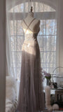 Gray Purple Romantic Fashion Elegant Exquisite Lace Floral Applique Long Tulle Fairy Ball Gown Evening Dress Birthday/Wedding Guest/Holiday Party Dress Prom Dress Valentine's Day Date Dress Bridesmaid Dress HZ1023