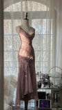 Pink Purple Romantic Fashion Elegant Exquisite Beaded Spaghetti Strap Long Tulle Chiffon Ruffle Ball Gown Evening Gown Party Dress HZ1023