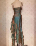 Blue shiny stylish elegant spaghetti straps long satin ball gown evening dress party dress HZ1023