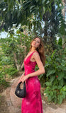 Pink Fashion Elegant Charming V Neck Floral Print Long Satin Ball Gown Evening Dress Holiday Party Dress HZ1023
