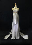 White Vintage Ancient Greek Goddess Gorgeous Sparkling Elegant Exquisite Gold Rhinestone Beads Tulle Long Mermaid Floor Length Trail Slim Fairy Ball Gown Evening Gown Party Dress Prom Gown HZ1023