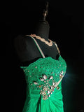 Green Vintage Fashion Elegant Exquisite Beaded Lace Long Satin Floor Length Trailing Ball Gown Evening Gown Party Dress HZ1023
