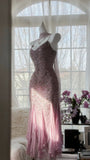 Pink Purple Elegant Romantic Exquisite Beaded Long Chiffon Ball Gown Evening Dress Birthday/Wedding Guest/Holiday Party Dress Prom Dress HZ1023