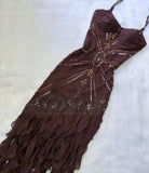 Brown Beautiful A-line Spaghetti Straps Exquisite Beaded Chiffon Long Ball Gown Evening Dress HZ1023