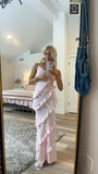 Pink fashion spaghetti strap long chiffon ruffled ball gown, evening dress, party dress HZ1023