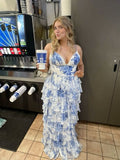Blue Floral Print V Neck A-Line Spaghetti Straps Ruffles Tiered Slits Long Graduation Dress Evening Gown Prom Dress Wedding Guest Party Dress HZ1023