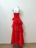 Red Shiny Elegant Fashion Spaghetti Strap Long Chiffon Ruffle Ball Gown Evening Gown Party Dress Prom Gown HZ1023