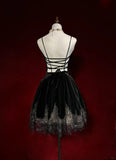 Black Shiny Vintage Elegant Delicate Rhinestone Lace Short Homecoming Dress Velvet Ball Gown Evening Gown Prom Dress Birthday Party Dress HZ1023