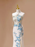 White Luxury Gorgeous Shiny Unique Fashion Elegant Exquisite Floral Bamboo Beads Sequins Suspender Long Ball Dress Evening Dress Bridal Wedding Reception Dress Prom Dress HZ1023