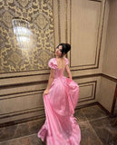 Pink Retro Elegant Sweet Short Sleeve Long Ruffles Backless Lace-up Long Satin Evening Dress Birthday Party Dress Homecoming Dress HZ1023