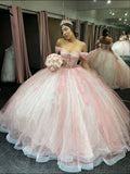 Pink Glitter Off-shoulder Crystal Applique Lace Tulle Sweet Long Ball Gown Evening Gown Adult Ceremony Dress graduation dress HZ1023