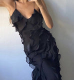 Red/Black elegant fashion spaghetti straps long layered chiffon ruffled ball gown, evening dress, party dress HZ1023