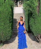Blue v-neck low-cut hem ruffled slim long chiffon ball gown evening dress party dress HZ1023