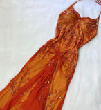 Orange Gorgeous Exquisite Beaded Spaghetti Strap Halter Neck Long Elegant Tulle Mermaid Slim Fit Ball Gown Evening Gown Party Dress HZ1023