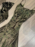 Green Vintage Fashion Gorgeous Pretty Charming Elegant Delicate Floral Beaded lace Spaghetti Straps Long Satin Ball Gown Evening Gown Party Dress Prom Gown HZ1023