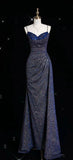 Blue Shiny Elegant Spaghetti Straps Exquisite Beading Sexy Slit Long Mermaid Slim Sequin Ball Gown Evening Dress HZ1023
