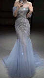 Blue gorgeous shiny beautiful off-shoulder exquisite beading long tulle mermaid slim fishtail skirt ball gown formal evening gown wedding dress HZ1023