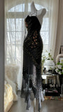 Black Vintage Fashion Delicate Floral Tassel Beaded Long Chiffon Ball Gown Birthday Party Dress Evening Gown Prom Dress HZ1023