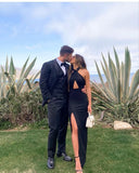 Black simple fashion elegant suspenders long sexy slit satin evening dress party dress prom dress HZ1023