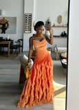 Pink/Orange/Green Gradient Spaghetti Straps Fashion Elegant Long Ruffle Chiffon Ball Gown Evening Dress Party Dress HZ1023