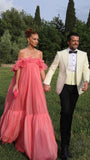 Pink Fashion Long Ruffle Neck Chiffon Formal Prom Dress Evening Dress Wedding Guest Dress HZ1023