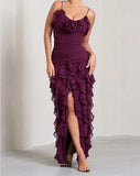 Purple Elegant Sexy Spaghetti Strap Ankle Length Chiffon Ruffle prom Evening Dress Party Dress HZ1023