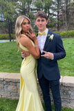 Yellow Fashion Elegant V-neck Long Mermaid Satin Slim-fit Fishtail Ball Gown Evening Dress HZ1023