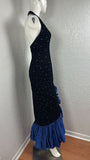 Blue vintage shiny suspender long elegant ruffled prom dress evening dress party dress dance dress HZ1023