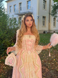 Pink Retro Sweet Fashion Exquisite Lace Square Neck Long Prom Dress Evening Dress Garden Party Dress HZ1023