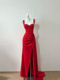 Red Fashion Elegant Long Floor Length Satin Sexy Slit Prom Dress Evening Dress Party Dress Prom Dress HZ1023