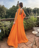 Orange Elegant Flowing A-Line Off Shoulder satin Long Ball Gown Evening Dress Wedding Guest Party Dress HZ1023