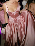 Pink Retro Elegant Square Round Neck A-line Spaghetti Strap Satin Long Evening Dress Birthday Party Dress Bridesmaid Dress HZ1023