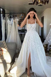 White fantasy square neck slit lace applique long tulle backless bridal gown wedding dress HZ1023