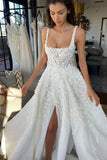 White fantasy square neck slit lace applique long tulle backless bridal gown wedding dress HZ1023