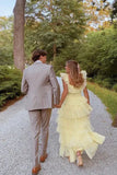 Yellow fashion square neck A-line multi-layered long tulle ball gown evening dress HZ1023