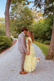 Yellow fashion square neck A-line multi-layered long tulle ball gown evening dress HZ1023