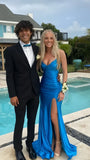 Blue Fashion Elegant V Neck Mermaid Long Sexy Slit Satin Slim Fit prom dress Evening Dress Party Dress HZ1023