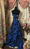 Blue vintage rhinestone embellished elegant long pleated ball gown evening dress HZ1023