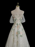 White exquisite floral fashion short sleeve long tulle floor length ball gown, evening dress, party dress HZ1023