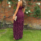 Purple Elegant Sexy Spaghetti Strap Ankle Length Chiffon Ruffle prom Evening Dress Party Dress HZ1023