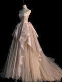 Pink Gorgeous Elegant Exquisite Beading A-Line Off Shoulder Long Tulle Ball Gown Evening Gown Wedding Dress HZ1023