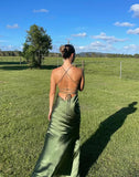 Green/Yellow Fashion Charming Mermaid Spaghetti Straps V Neck Sexy Slit Long Satin Elegant Prom Dress, Evening Dress, Party Dress HZ1023