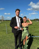 Green/Yellow Fashion Charming Mermaid Spaghetti Straps V Neck Sexy Slit Long Satin Elegant Prom Dress, Evening Dress, Party Dress HZ1023