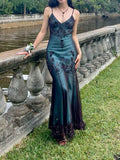 Turquoise Vintage Elegant Exquisite Floral Beading Spaghetti Strap Long Chiffon Ball Gown Evening Dress Birthday Party Dress Formal Women Prom Dress HZ1023