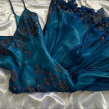 Dark blue gorgeous flowing vintage beautiful elegant delicate floral beaded spaghetti strap long chiffon ball gown evening dress party dress prom dress HZ1023