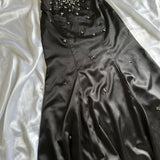 Black Gorgeous Vintage Fashion Elegant Exquisite Beaded Spaghetti Strap Long Satin Ball Gown Evening Gown Birthday Party Dress Prom Gown HZ1023
