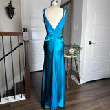 Blue Retro Fashion V-Neck Elegant Exquisite Beaded Floral Long Sexy Slim Spaghetti Strap Ball Gown Evening Gown Party Dress Prom Gown HZ1023
