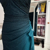 Turquoise Gradient Retro Fashion Sparkling Stunning Flowing One Shoulder Elegant Exquisite Rhinestone Long Chiffon Ball Gown Evening Gown Birthday Party Gown Prom Gown Graduation Gown HZ1023