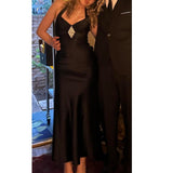 Black Fashion Retro Exquisite Rhinestone Elegant Sexy Suspender Long Satin Prom Dress Evening Dress Birthday Party Dress Prom Dress HZ1023