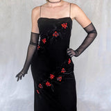 Black Vintage Elegant Delicate Rose Floral Beaded Long Velvet Ball Gown Evening Gown Birthday Party Gown Prom Gown HZ1023
